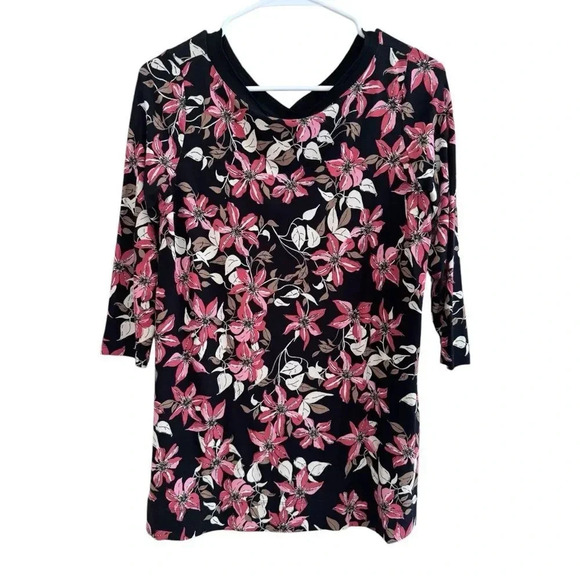 J Jill Wearever Collection Floral Tunic Top Black Red White 3/4 Sleeve XS Petite - Picture 1 of 10